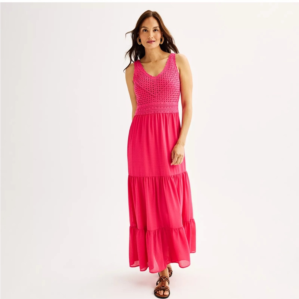 Nine West Hot Pink Crochet Top, Tiered Gauze Maxi Dress